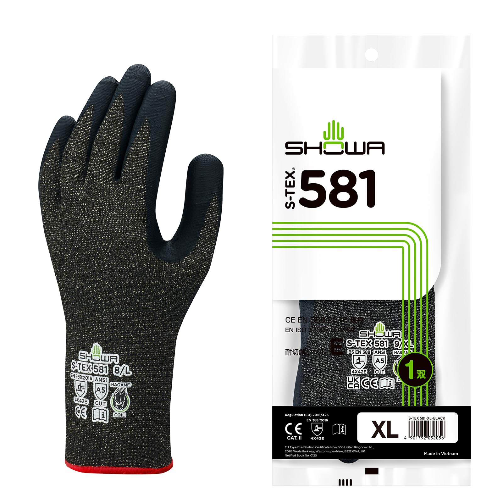 Showa Glove 581 Cut Resistance Level XL 1 Pair S-TEX 5, Size, чёрный