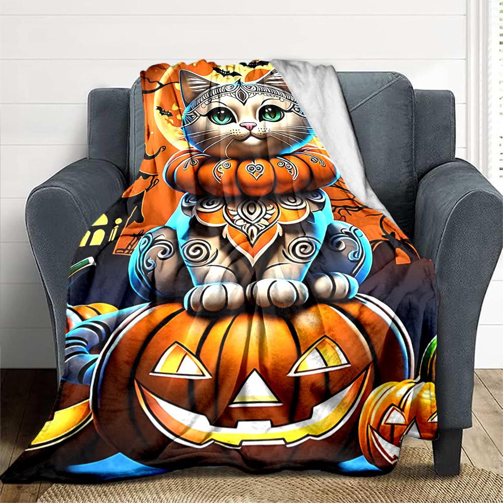 1pc Pumpkin Cat Blanket, Lightweight Flannel Throw Blanket for Sofa, Bed, Travel, Camping, Living Room, Office, Couch027