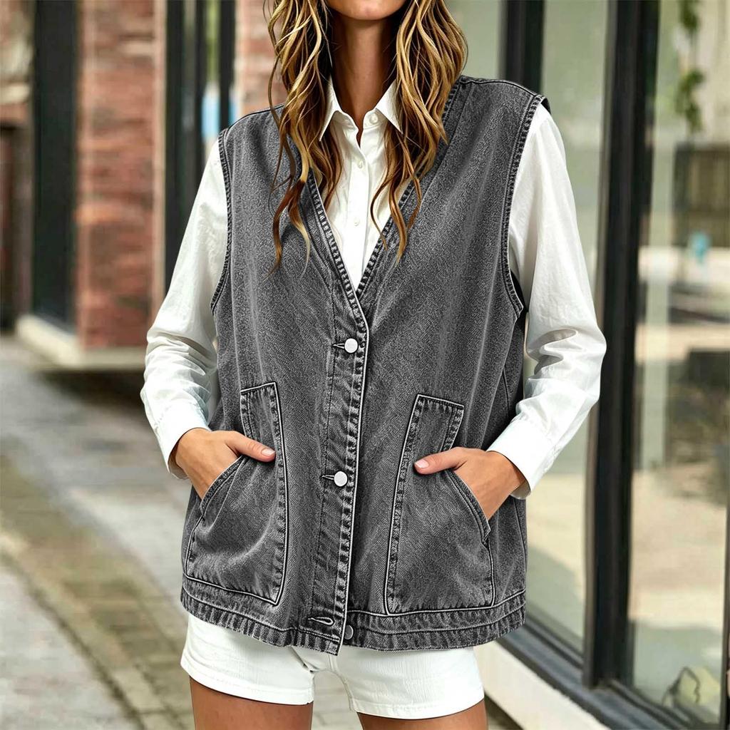 Women's Casual Denim Vest Loose Fit V-Neck Button Front with Pockets Color