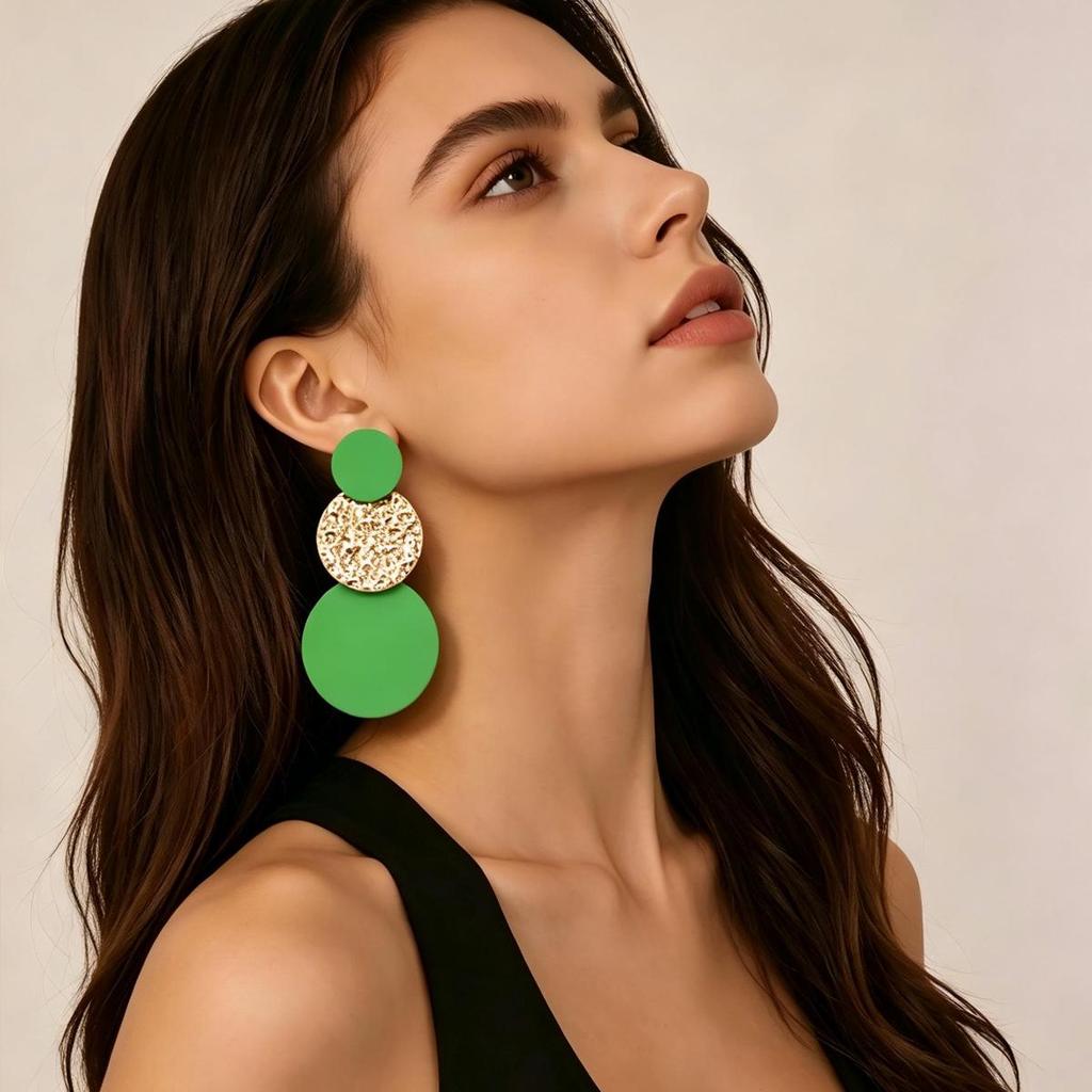European & American High-End Metal Green Geometric Round Earrings for Women - Elegant Patchwork Design
