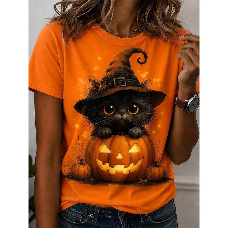 Halloween Women Witch Cat T-Shirt Cute Black Cat Pumpkin Graphic Tops Tee Summer Short Sleeve Crewneck Party Women Clothing
