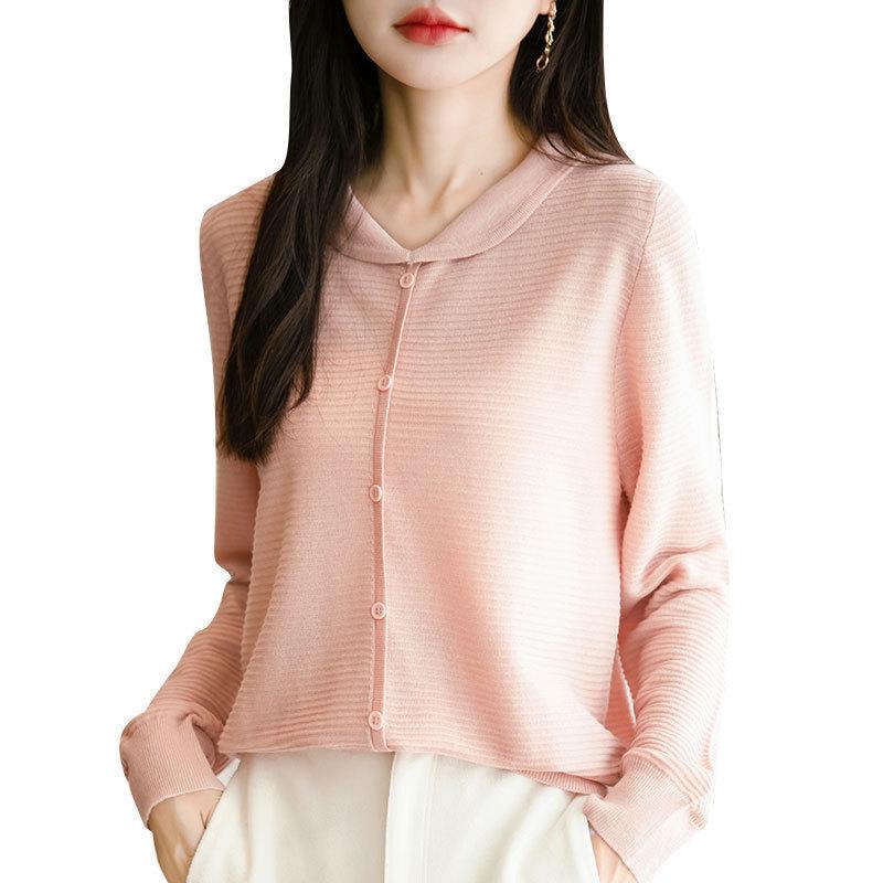 Dámský pletený svetr s dlouhým rukávem a límcem do panenky, volný, ležérní, snižující věk, tenký kardigan s překlopnými klopami