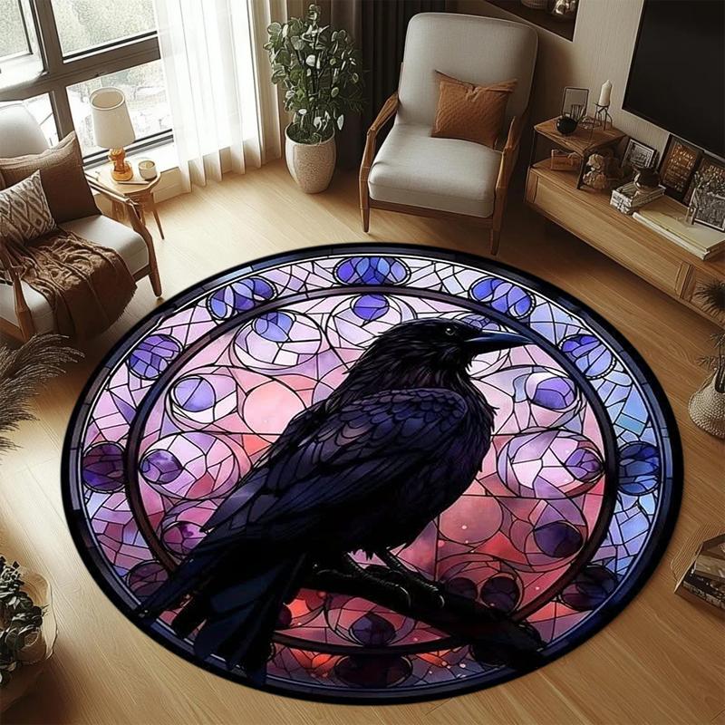 Alfombra Redonda con Patrón de Vidriera Vintage Alfombra Decoración del Hogar Fondo de Cuervo Negro Estilo Gótico Decoración de Suelo Sala de Estar