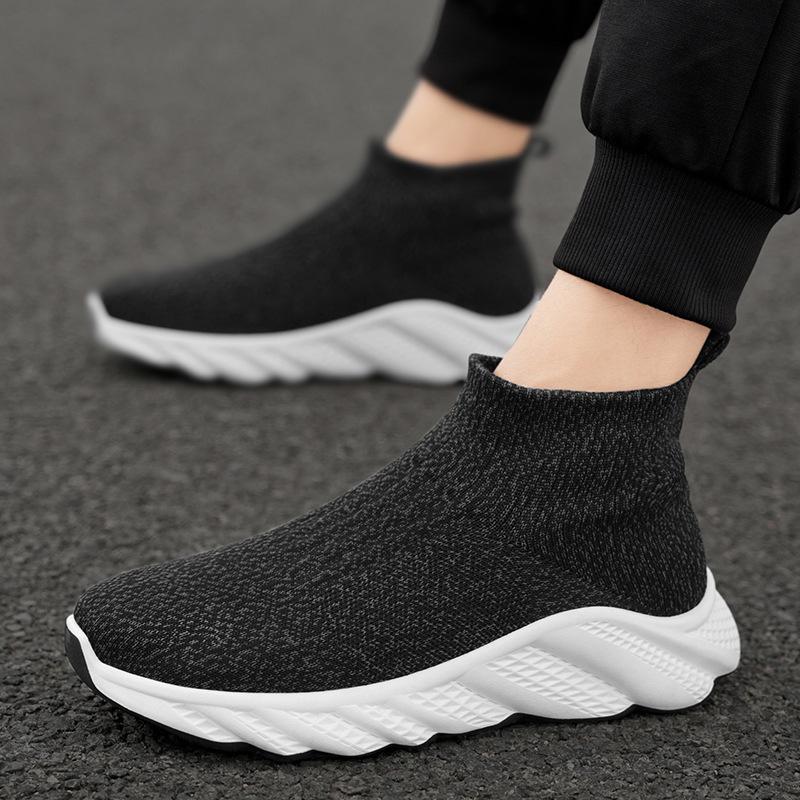 Black high-top socks shoes men's one-pedal fly-woven mesh casual shoes spring large-size sports trendy shoes