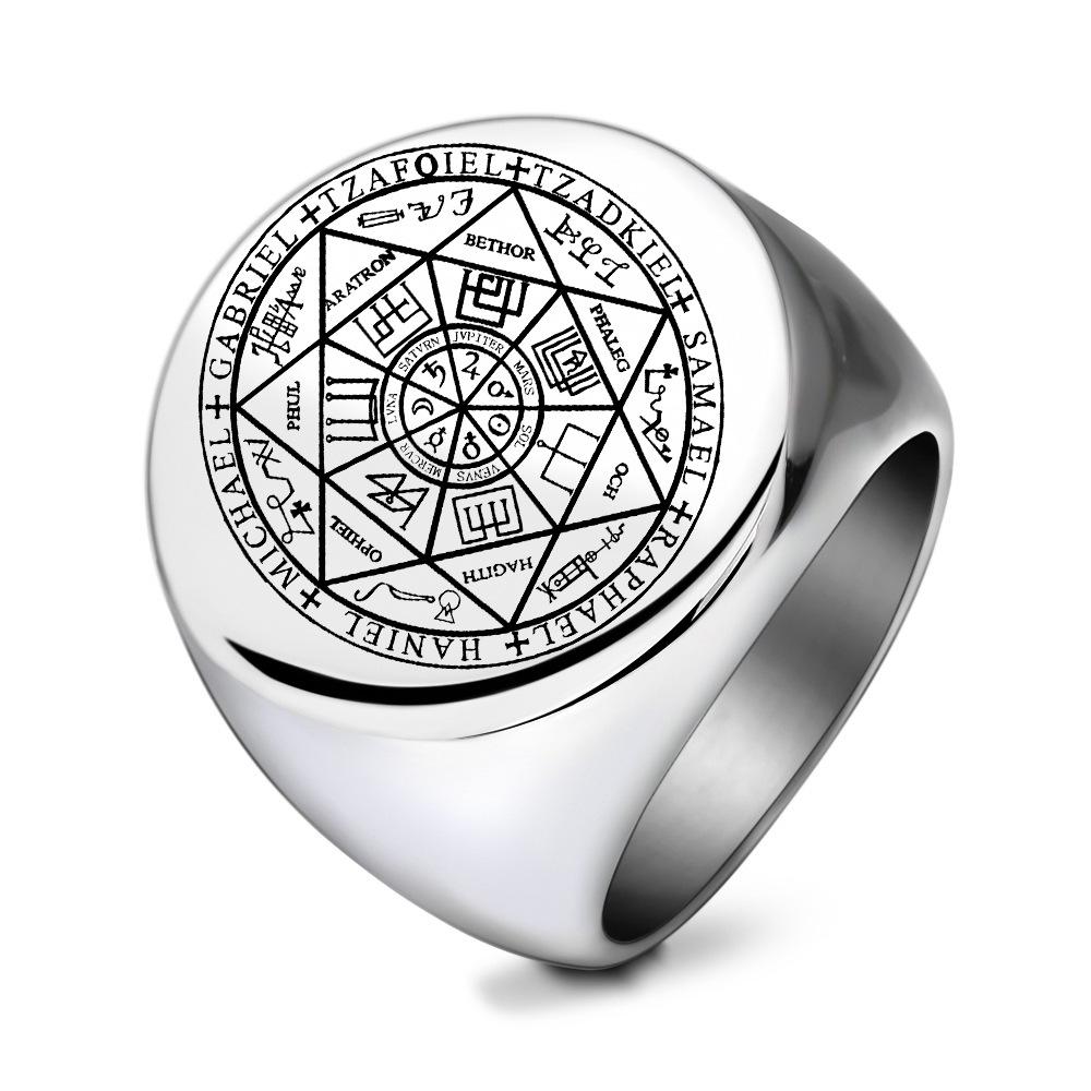 

Men s 22MM Polished Titanium Steel Ring with Laser-Etched Seven-Pointed Star Rune Size 8