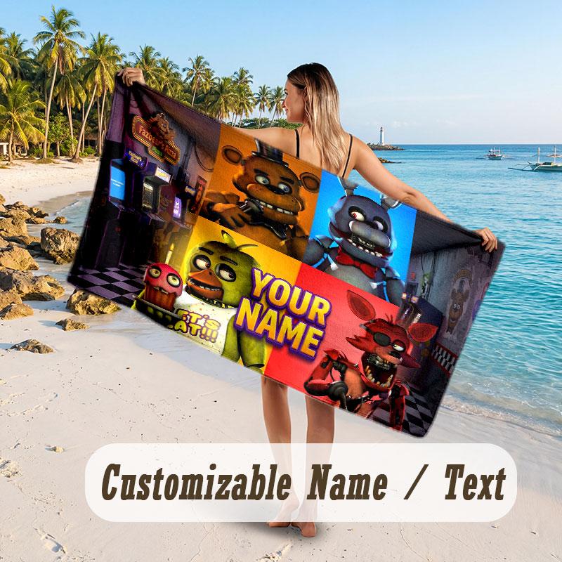 Personalized Beach Towel,Five Nights At Freddy’s Custom Printed Name Text, Super Absorbent Towel For Beach Vacation