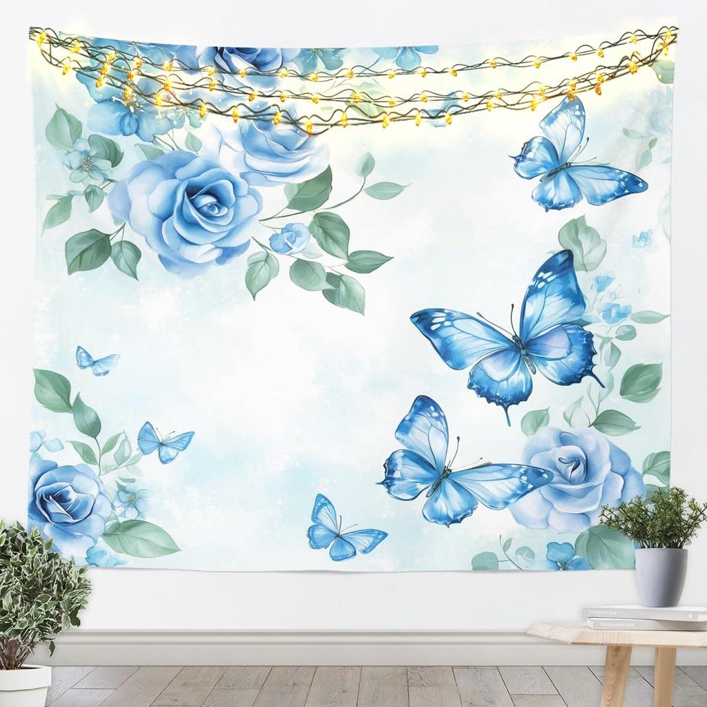 Butterfly Tapestry Glitter Diamonds Print Wall Art Luxury Elegant Blue Wall Hanging Blanket for Living Room Bedroom Home Decor
