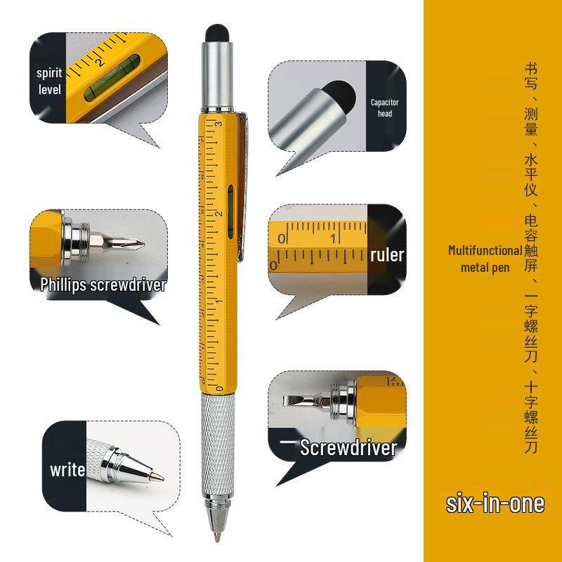 Multifunctional Metal Tool Pen with Level, Scale, Touchscreen Capacitive Tip, and Phillips Screwdriver