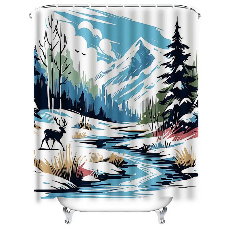 Winter Forest Mountain Shower Curtain With Deer River Snow Scene Bathroom Decor Waterproof Polyester Curtain With Hooks
