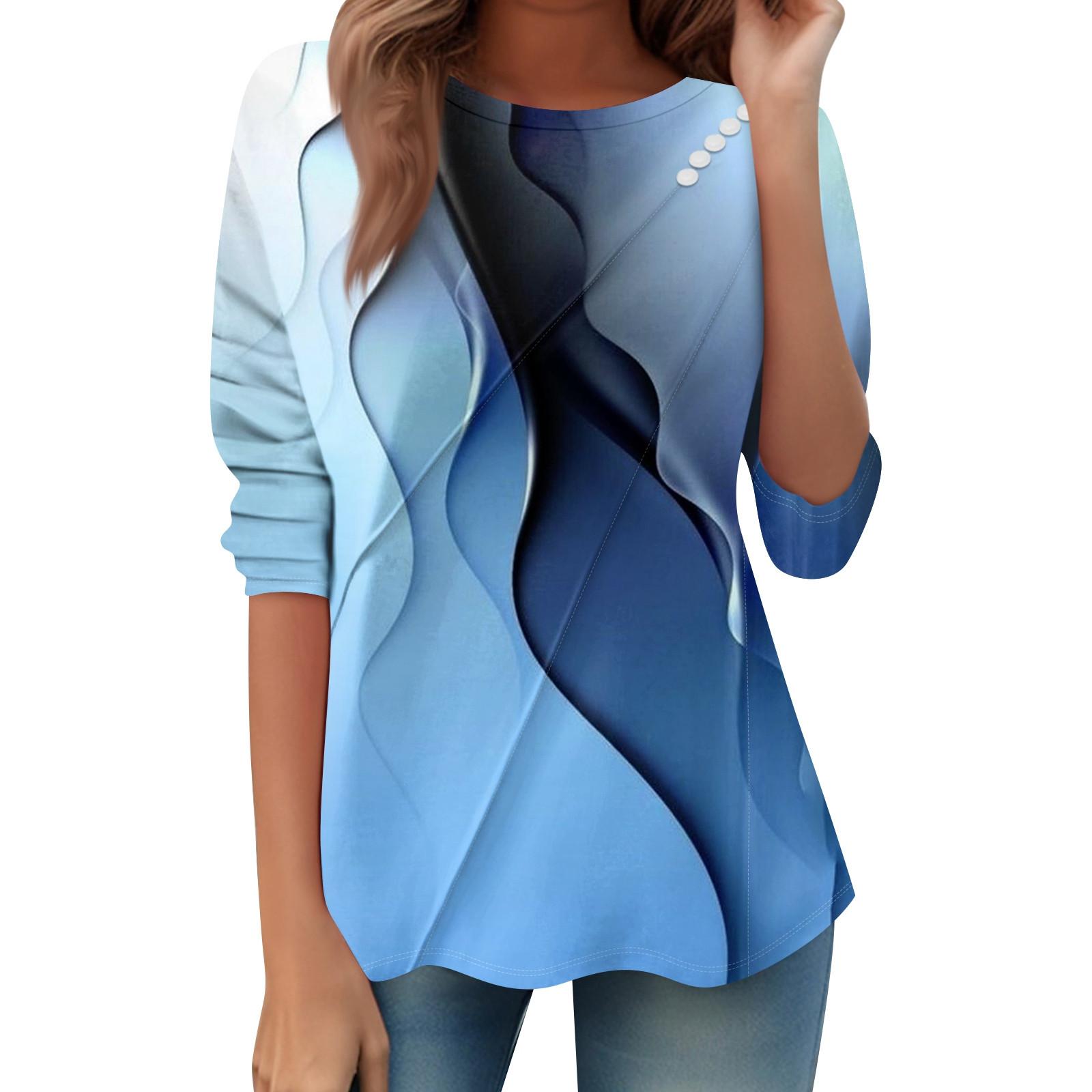 

Женский свободный повседневный топ с длинным рукавом, круглым вырезом, пуговицами, принтом в полоску, футболка XL синий