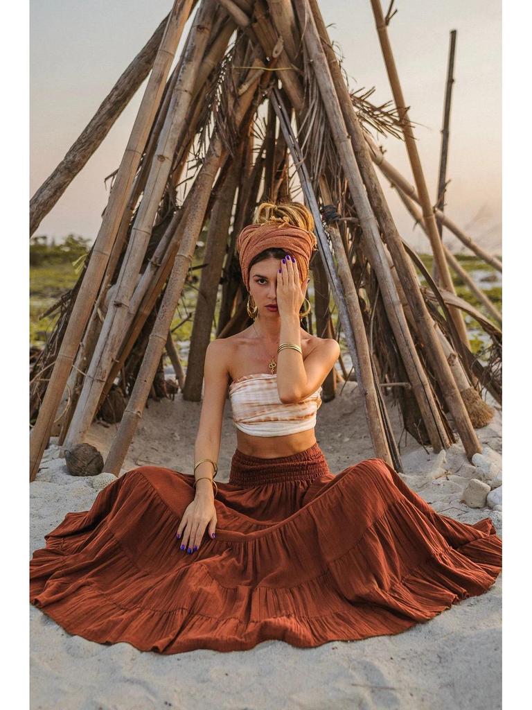 2025 Damen Böhmischer Einfarbig Langer Rock mit Taschen, Zwei-Wege Wickelstil