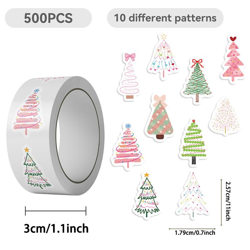 500PCS Christmas Tree Roll Stickers Christmas Holiday Stickers for Xmas Decorations, Christmas Tree Boho Decals Birthday Holiday