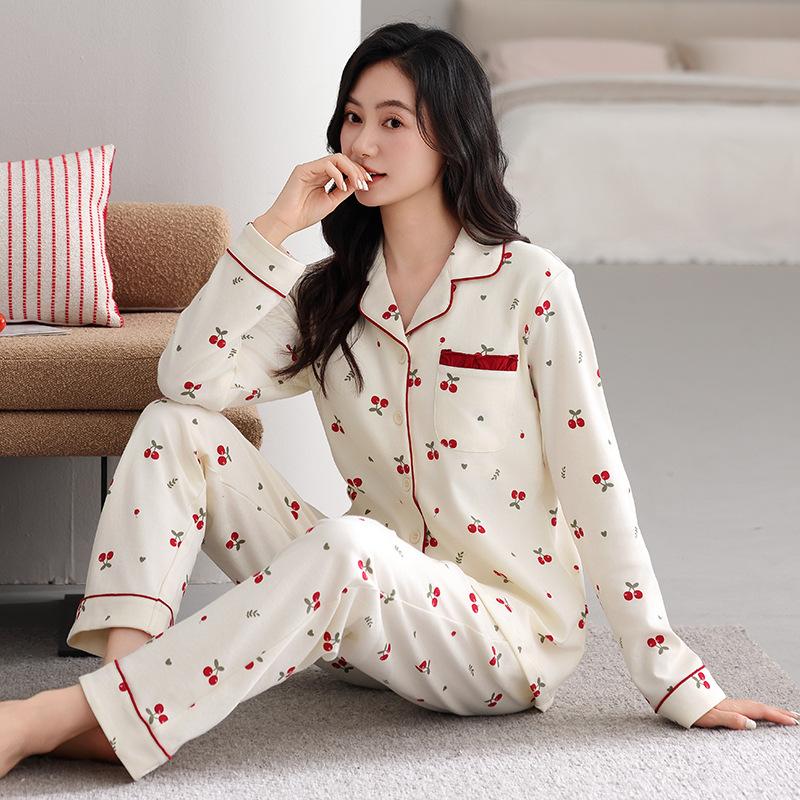 Pajamas Women's Spring and Autumn Autumn Pure Cotton Long-sleeved Cardigan Thin Cotton Women's Simple Temperament Loungewear Can Be Worn Outside