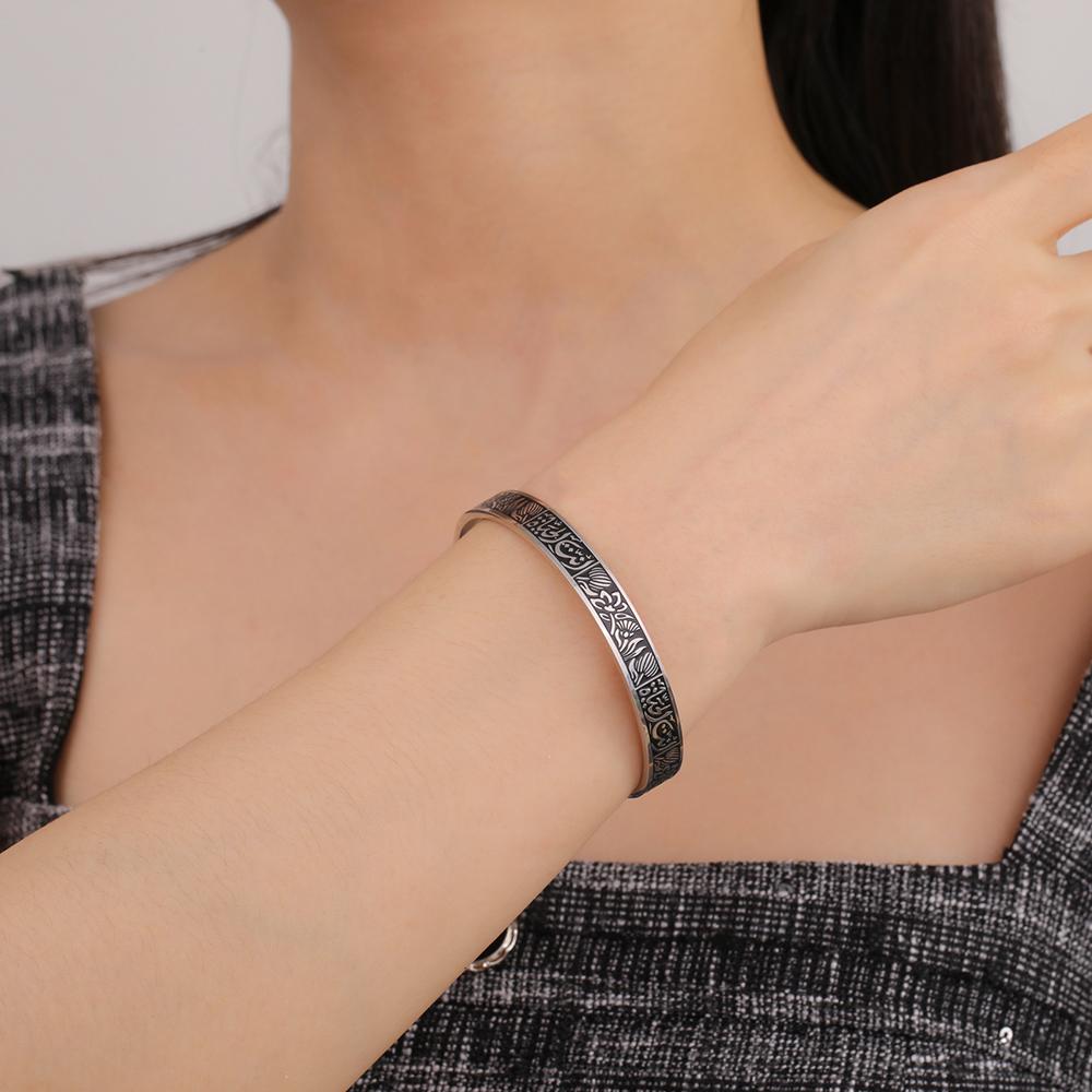 Dawapara Muslim Arabic Calligraphy Cuff Bangle Lotus Flower Arabic Blessing Adjustable Bangle Stainless Steel Jewelry