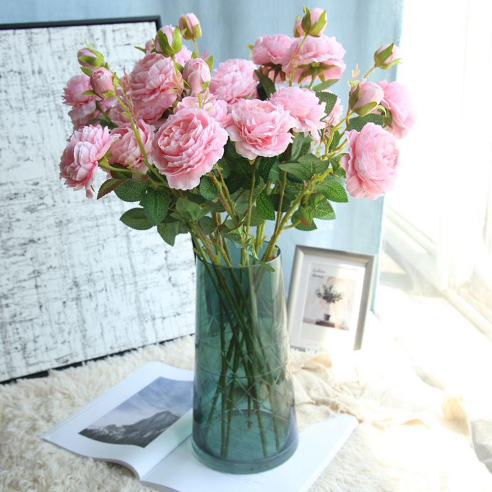 Rose Peony Artificial Flower 3 Heads Plastic for Wedding Office Living Decor