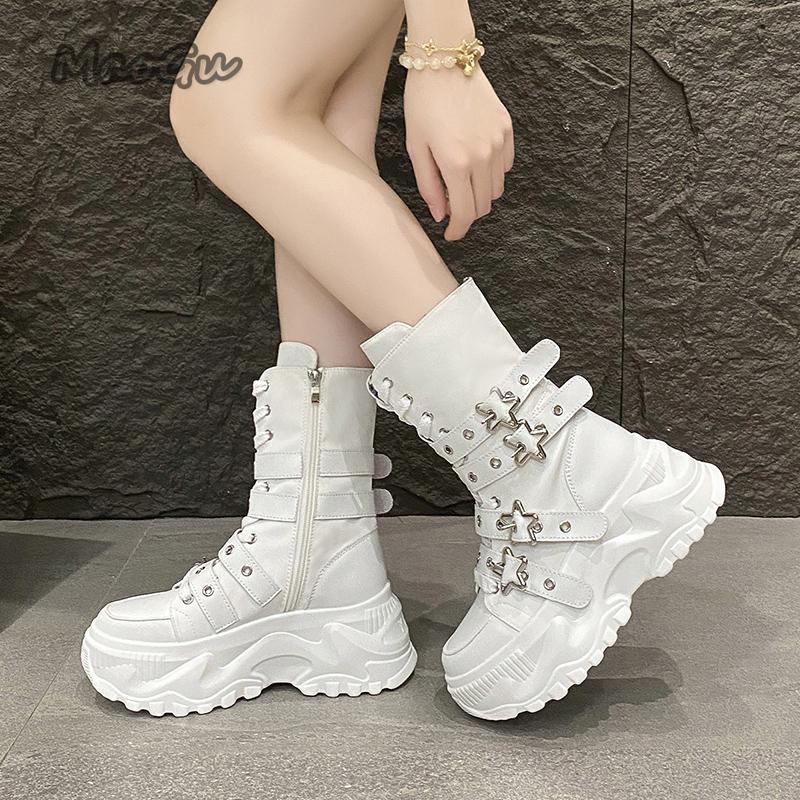 Thick Bottom Women's Platform Shoes Side Zip Star Buckle Straps Chunky Sole Motorcycle Boots for Women Fashion  De Mujer