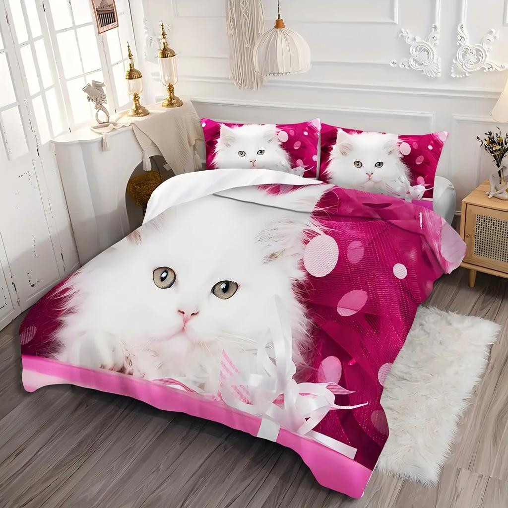 Cute White Kitten Pattern 3d Printed Bedding Set Pink Cute Animal Theme Duvet Cover Soft Comfortable Luxury Quilt Cover Set