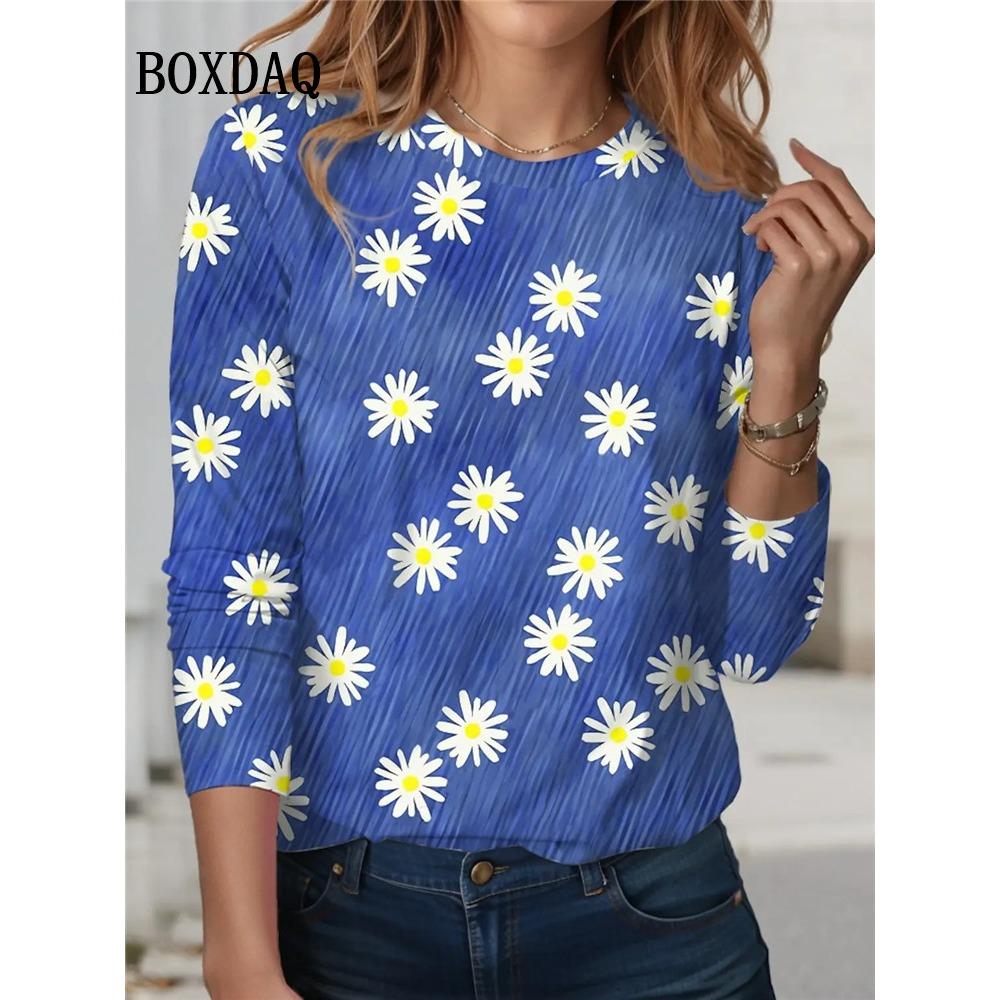 Tie Dye Rose Flower Print T Shirt Spring Women Long Sleeve Shirts Casual O-Neck Loose Plus Size Tops Fashion Clothes