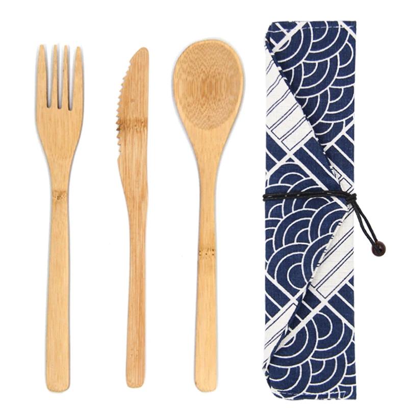 3Pcs/set Wooden Dinnerware Set Bamboo Fork Knife Soup Teaspoon Catering Cutlery Set With Cloth Bag Kitchen Cooking Tools Utensil
