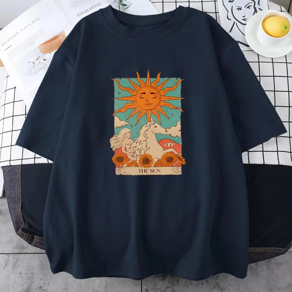 2025 Tarot Card Art The Sun Male Cotton T Shirt High Street Vintage Clothing Breathable Casual O-Neck Short Sleeve Mens Cotton