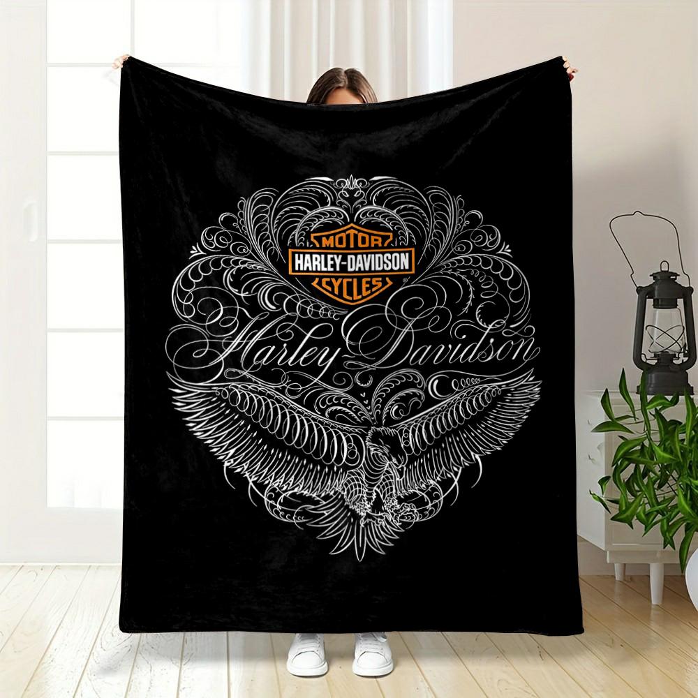 Harley Davidson Logo with Eagle Design - Flannel Blanket for Bedroom, Living Room, Sofa, and Nap Sofas.