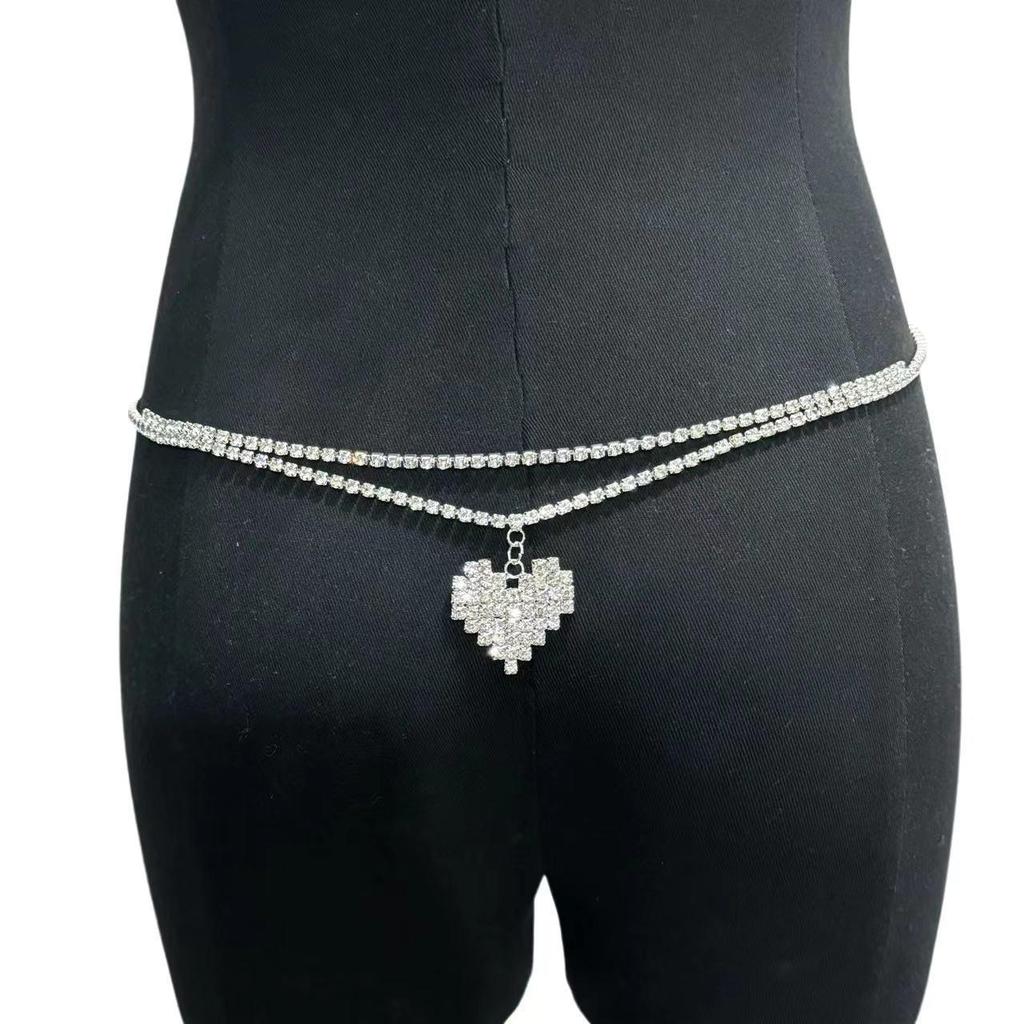European and American Stylish Double Layer Heart Pendant Waist Chain - Full Diamond Belly Dance Accessory