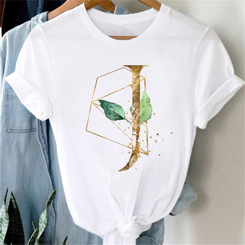 Custom Name Letter Combination Women T Shirt Floral Gold Letter Font A B C D Print Short Sleeve Tee Tops Female T-shirt Clothes