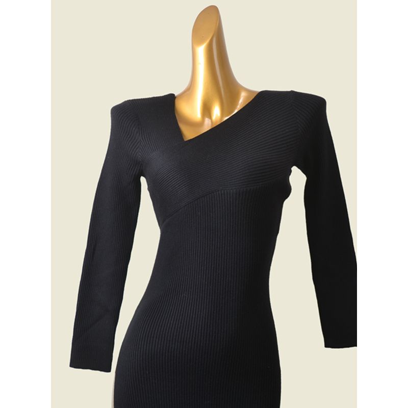 Foreign Trade Women's Clothing Fashion Wind Sexy V-neck Knitting Dress Silm Slim Looking Mid Length Long Length Sheath High Slit Base