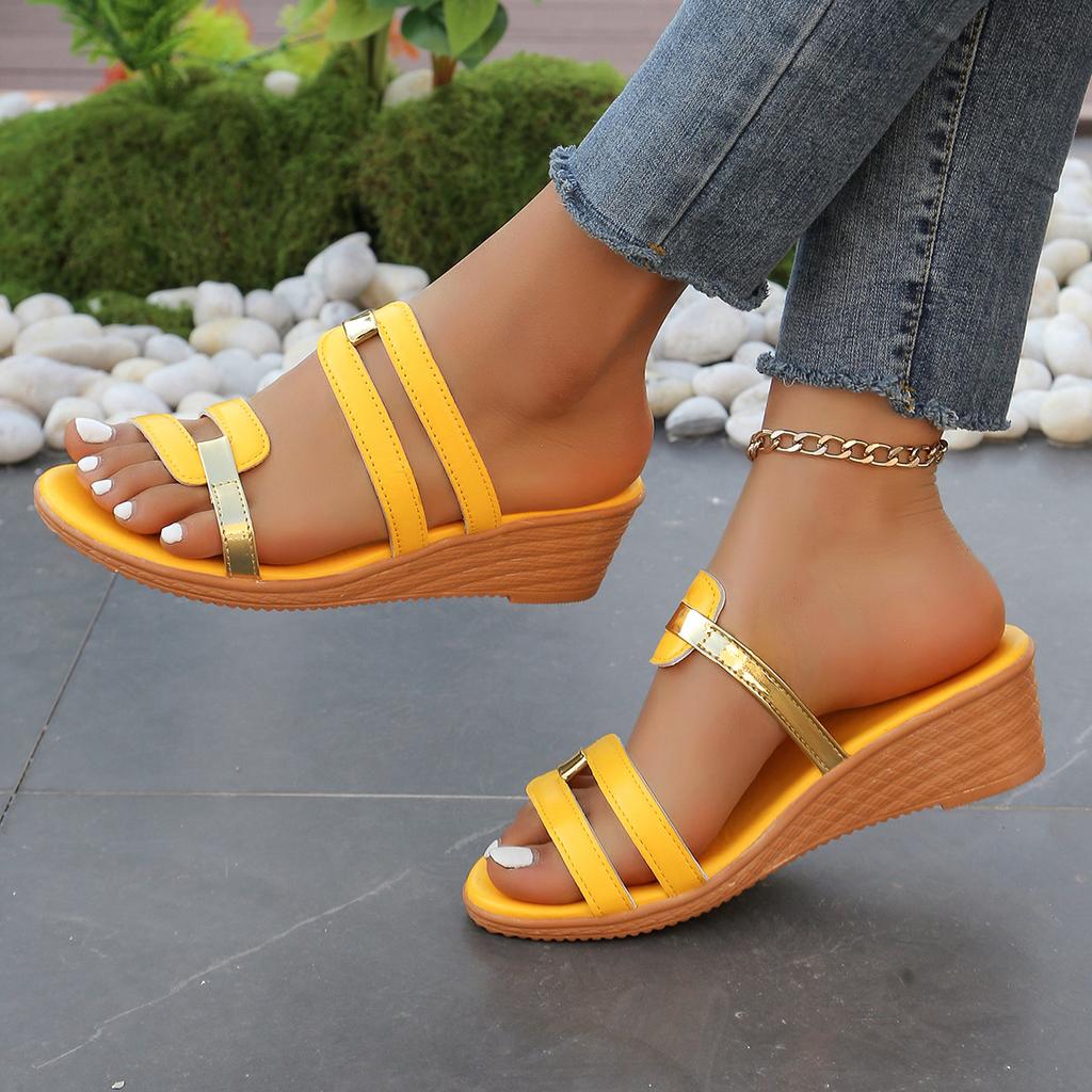Women's Slope Heel Slippers  Summer European and American Large Size New Color Matching Fish Mouth Beach Cool Slippers Women