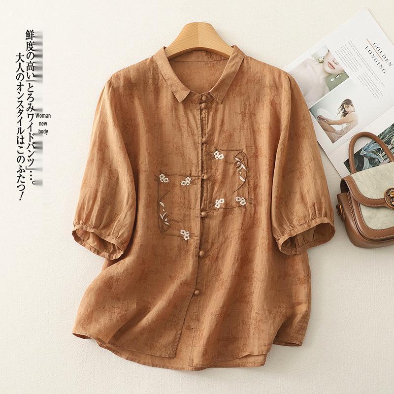 Summer Korean Style Plus Size Casual Embroidered Retro Loose Cotton Linen Shirt M