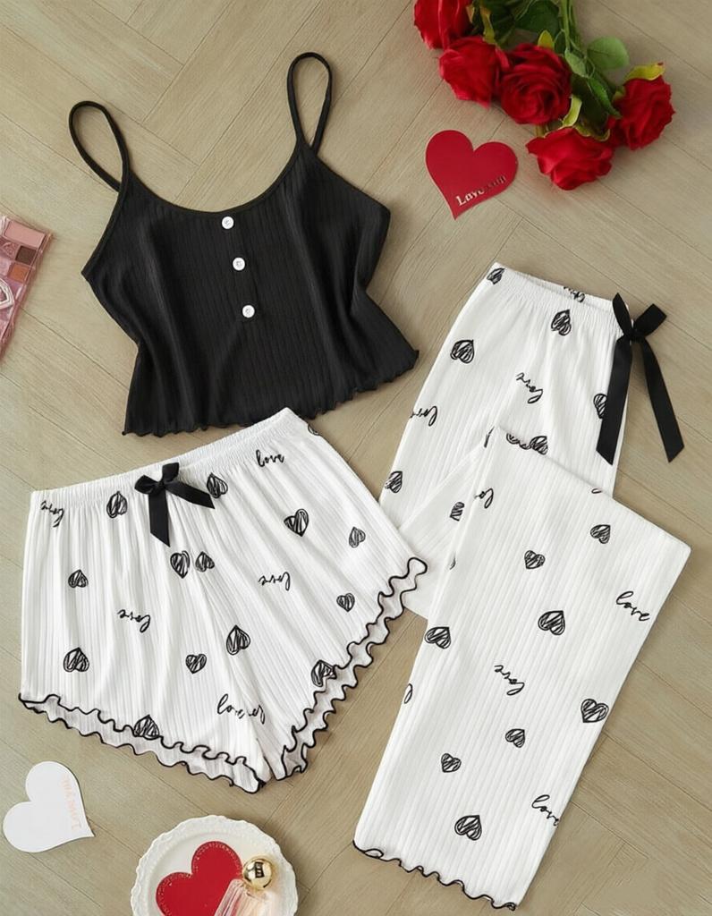 Pure Desire Love Print Summer Three-piece Set Sweet Suspenders Women's Loungewear Pajamas Women