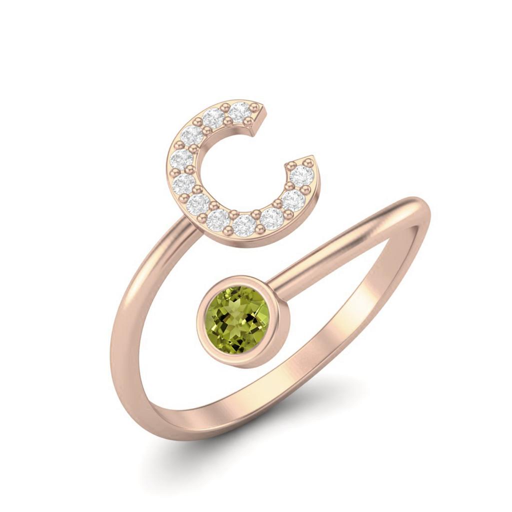 Capital C Initial Letter 3MM Round Peridot 925 Sterling Silver Rose Vermeil Women Adjustable Wedding Ring