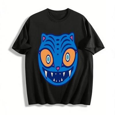 Weird Blue Cat Big Face Print Casual T-Shirt Unisex Street Style Fun Animal Pattern Top Pure Cotton T-shirt