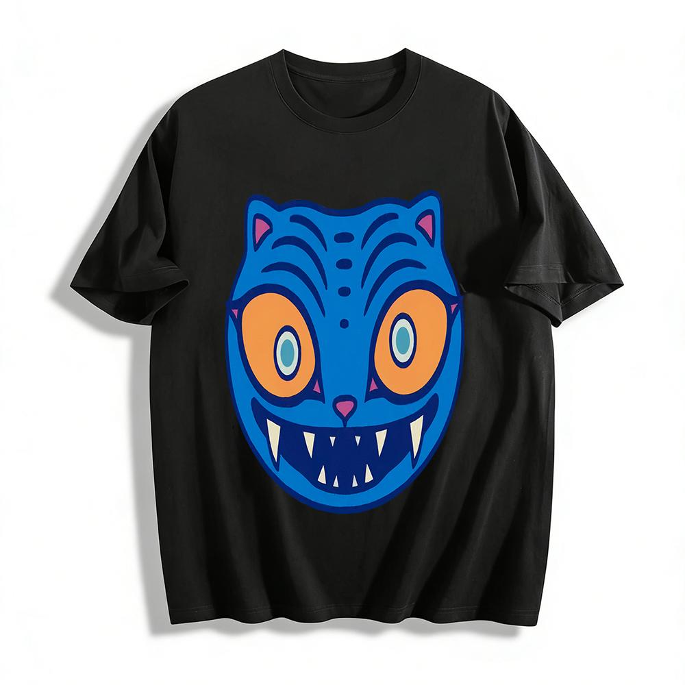 Weird Blue Cat Big Face Print Casual T-Shirt Unisex Street Style Fun Animal Pattern Top Pure cotton T-shirt XXS