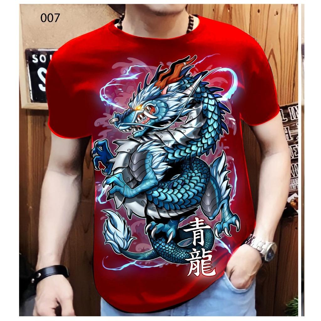 Blue dragon pattern men's casual short sleeved shirt