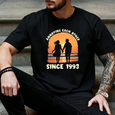 Annoying Each Other Since 1993 Vintage Beach Sunset Couple Silhouette Graphic T Shirt Unisex Wedding Anniversary Casual Gift Tee