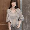 Women's Clothing Vintage Short Sleeve Shirt Summer Unique Design Office Ready Slim Fit Puff Sleeve Elegant Blouse