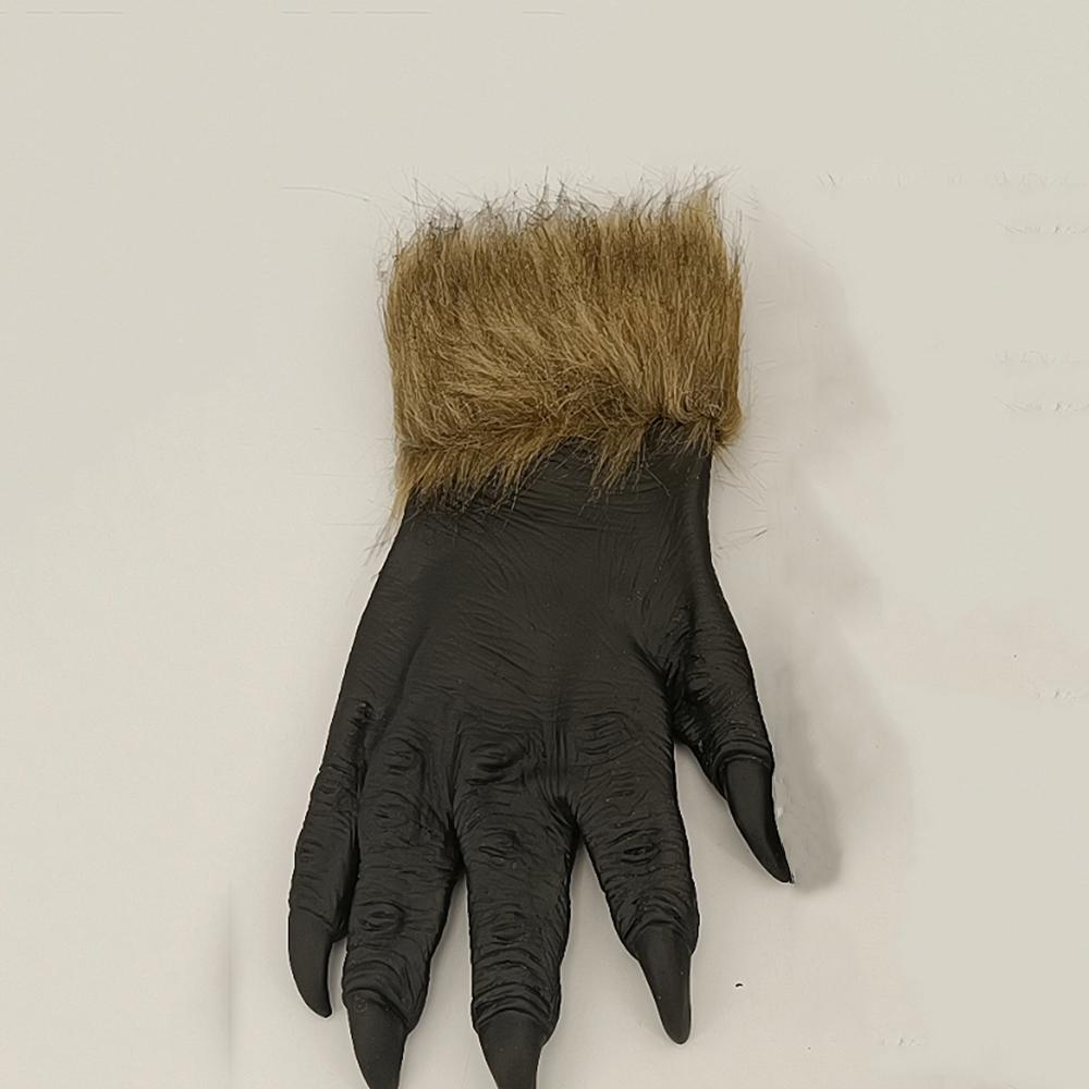 New Pair Gloves Faux Costume Prop Halloween Novelty Black+Brown Artificial Fur Mane