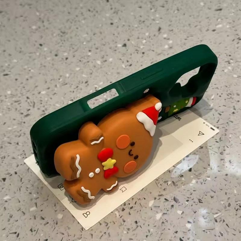 Cute Healing 3D Christmas Gingerbread Man Stand Phone Case For iPhone 17 AIR 16 15 14 13 12 Pro Max  Y2K Cartoon Green Cover