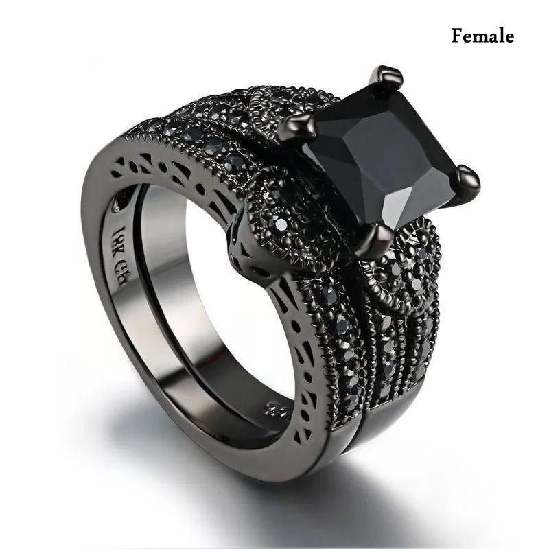 Charm Couple Rings Romantic Black Rhinestones Female Rings Set Simple Wide Stainless Steel Men Black Ring Wedding Band Jewelry