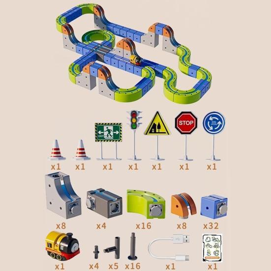 1 Set Magnetic Track Building Block Train Toy DIY Educational Children Electric Train Puzzle Track Toy with Road Signs Toddlers Boys Girls Gift