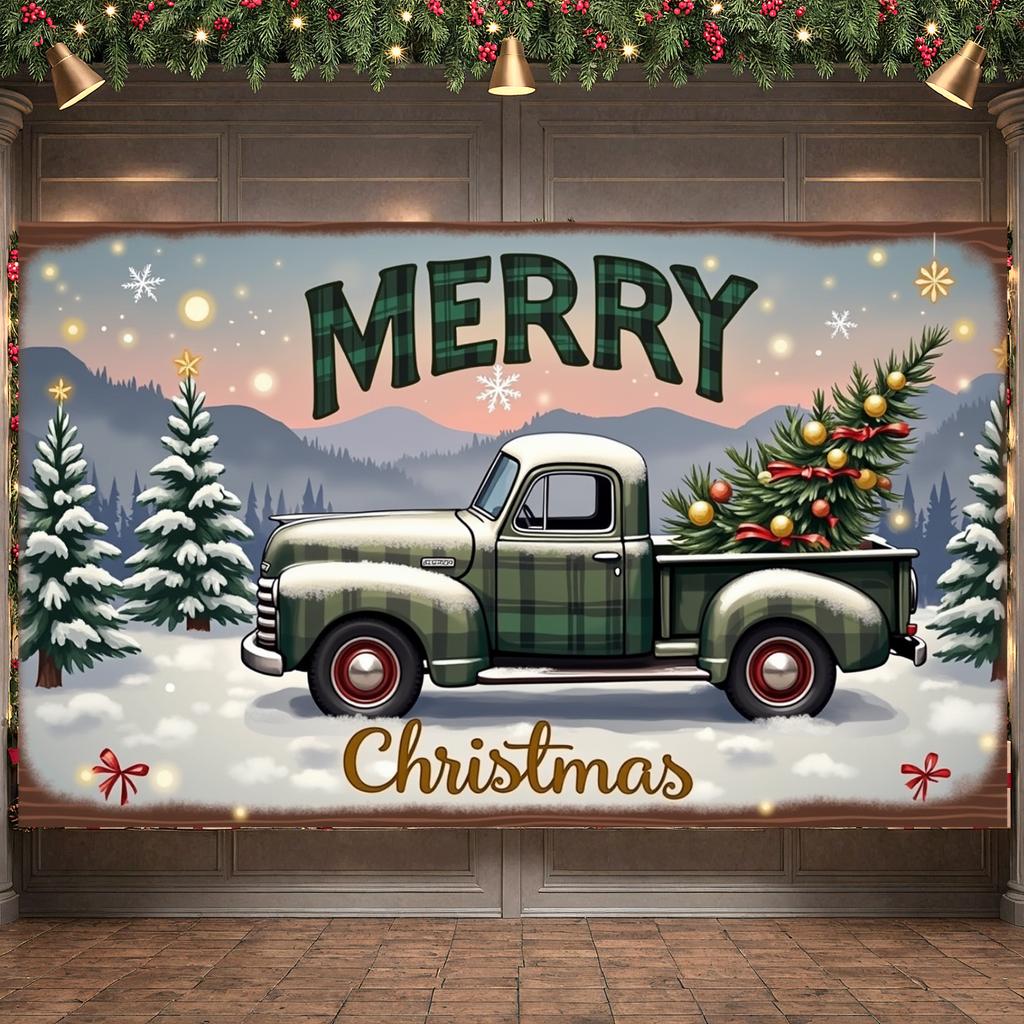 Vintage Truck Banner Gold Ornaments Holiday Truck Display Christmas Banner Classic Truck Design Merry Christmas Banner