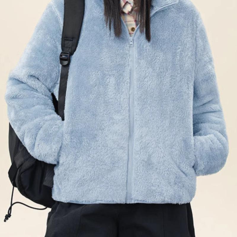 Doppelseitige Fleecejacke Damen Herbst und Winter neue Fleecejacke Stehkragen Strickjacke Jacke Pullover vielseitig