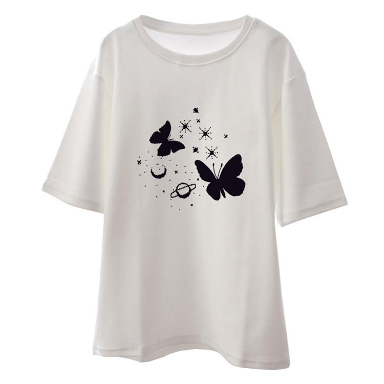 Medium and Long Couple Loose Butterfly Short-sleeved Top Women's Korean Version Summer Casual T-shirt Bottoming Shirt