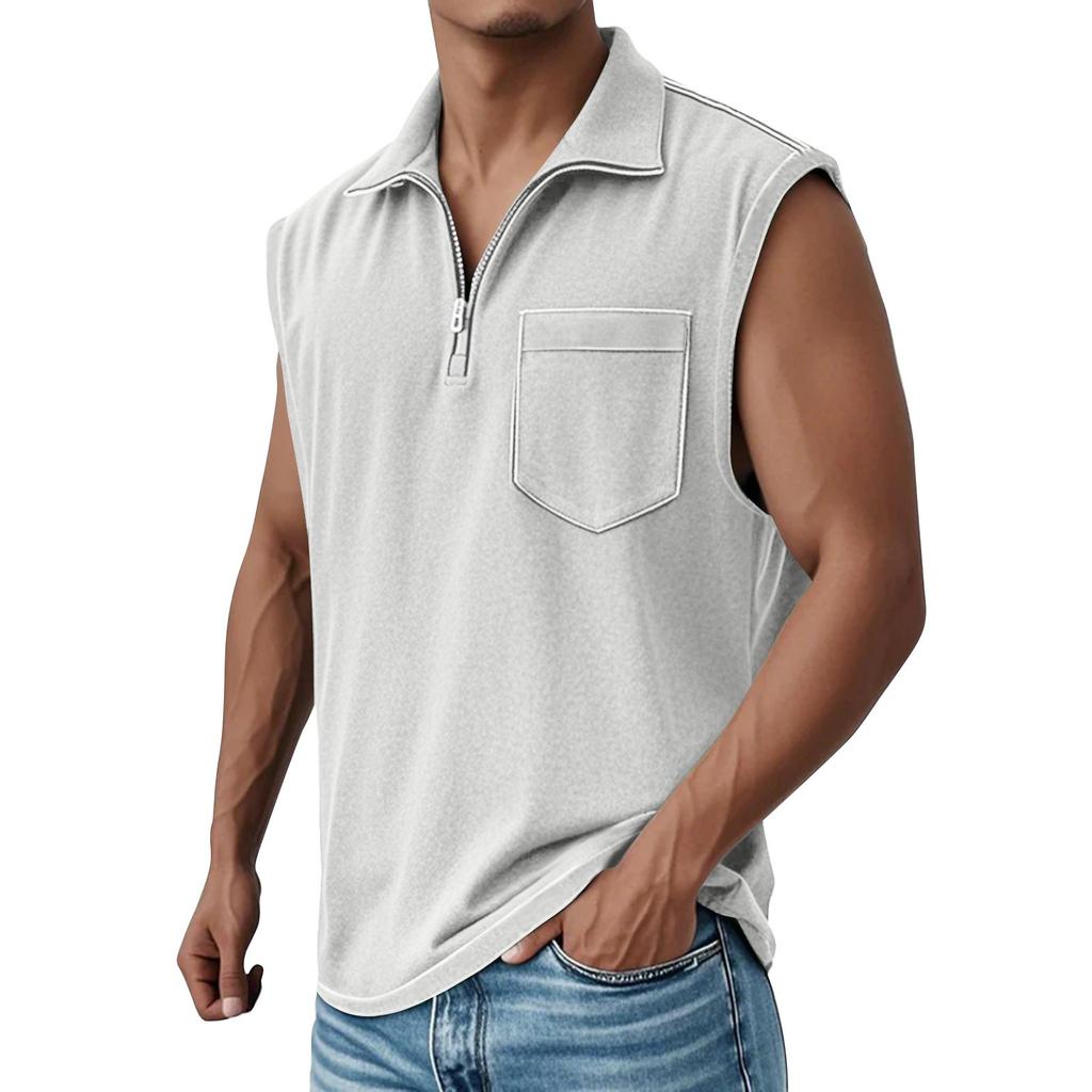 Men's Summer Solid Color Sports Zipper Lapel Vest Men's Sports Casual Vest