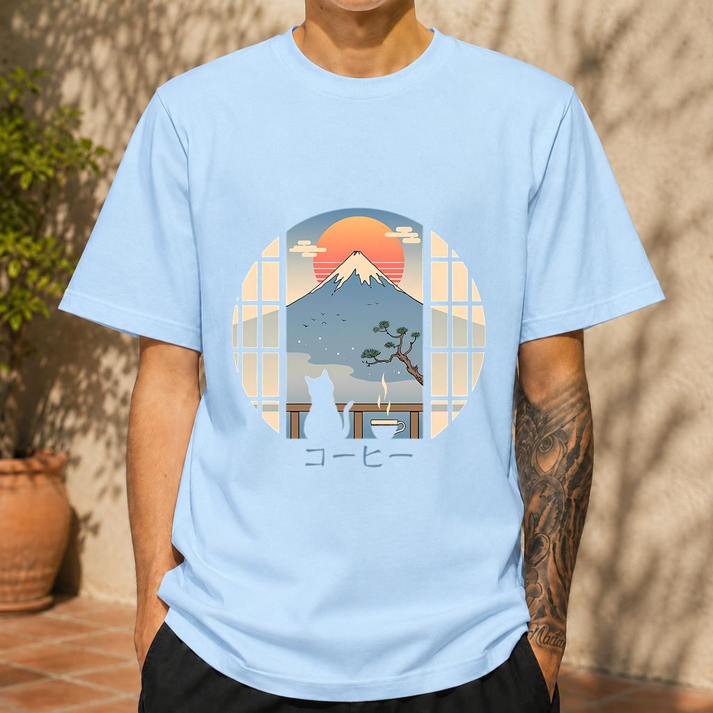 2026 New Cotton Tshirt Japanese Style Mount Fuji Black Cat Coffee Versatile Casual Short Sleeve Top