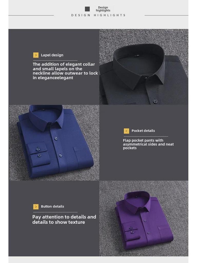 Men's Long-Sleeve Non-Iron Stretch Shirt with Pockets - Casual, Business, Solid Color (Spring & Autumn)