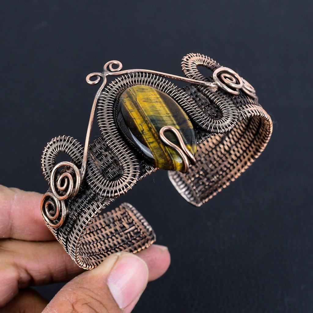 Tiger's Eye 999 Copper Wire Wrapped Silver Bangle Adjustable, Handmade Gemstone Jewelry, Gift For Mom Antique Jewelry