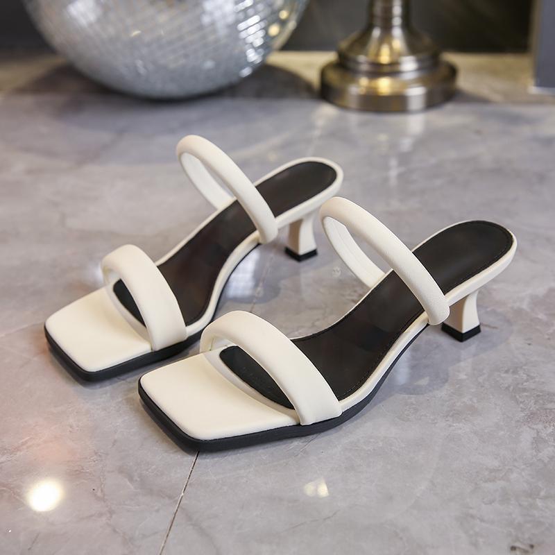 Fashion Open Toe High Heeled Slippers Women's Summer New Square Head Thick Heel Mid-heel flip flops stiletto pumps luxury woman clappers