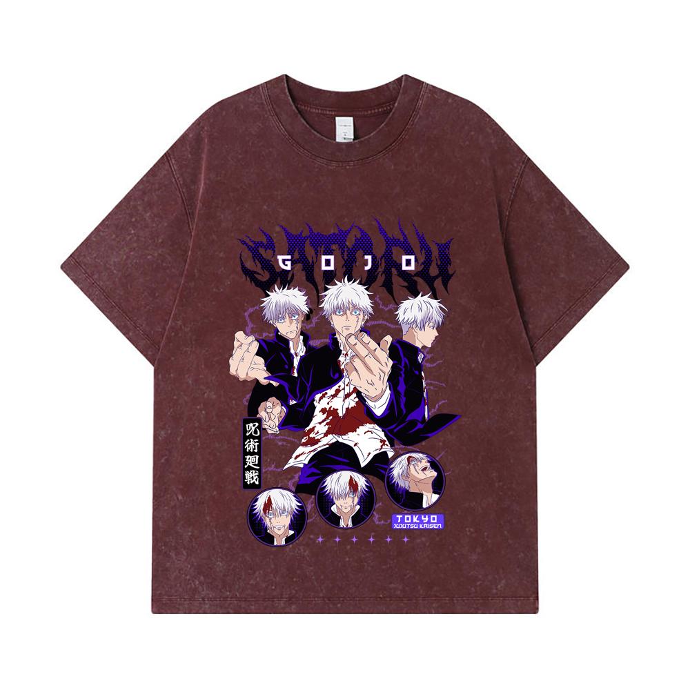 275 GSM Washed T-shirts 100% Cotton Jujutsu Kaisen V6 Gojo Print Unisex Heavy Cotton T Shirt